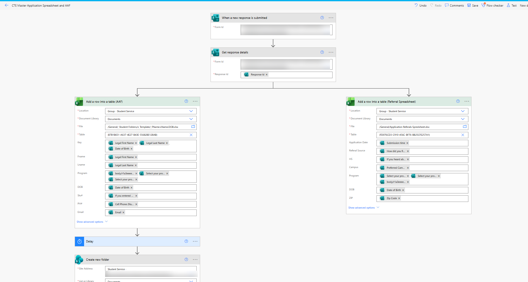 The main Power Automate flow (IDs and site address blurred)