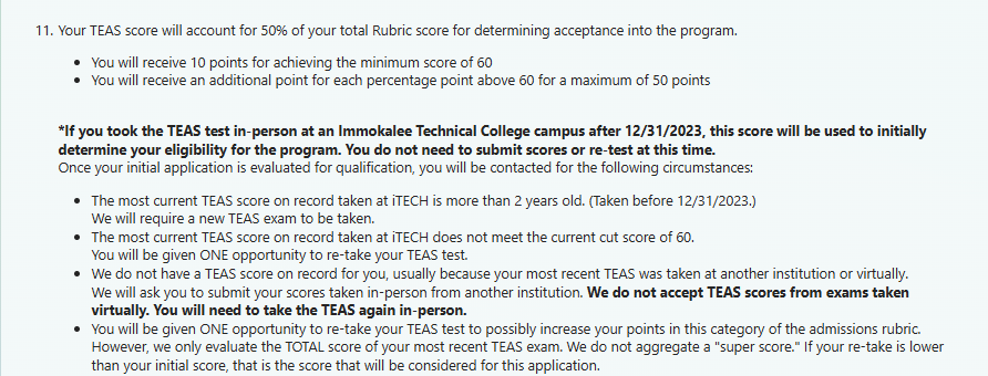 TEAS scoring rules on the application