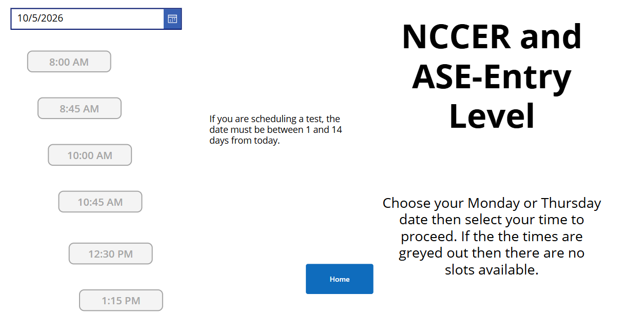 Booking screen for NCCER and ASE exams