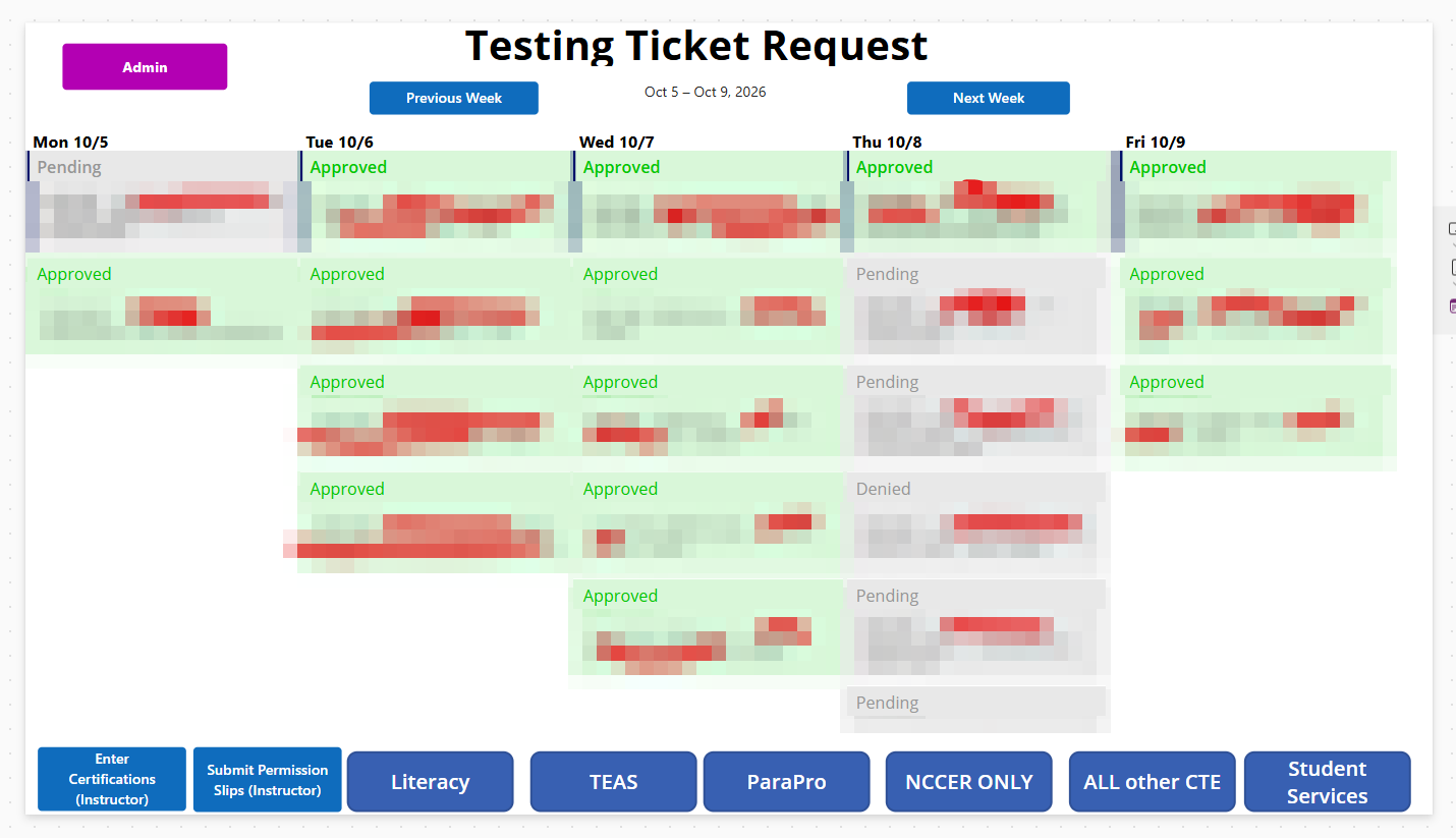 The weekly testing calendar (student details pixelated)