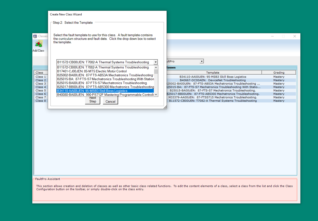FaultPro's Create New Class wizard with the 95-MSB3 Skill Boss Logistics template selected