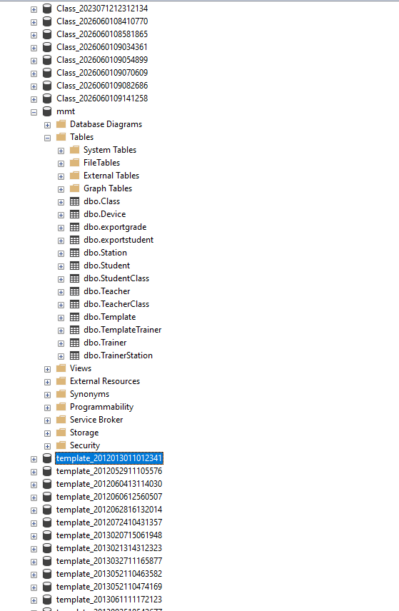 The FaultPro databases in SQL Server Management Studio: Class databases, the mmt catalog with its tables, and the template databases