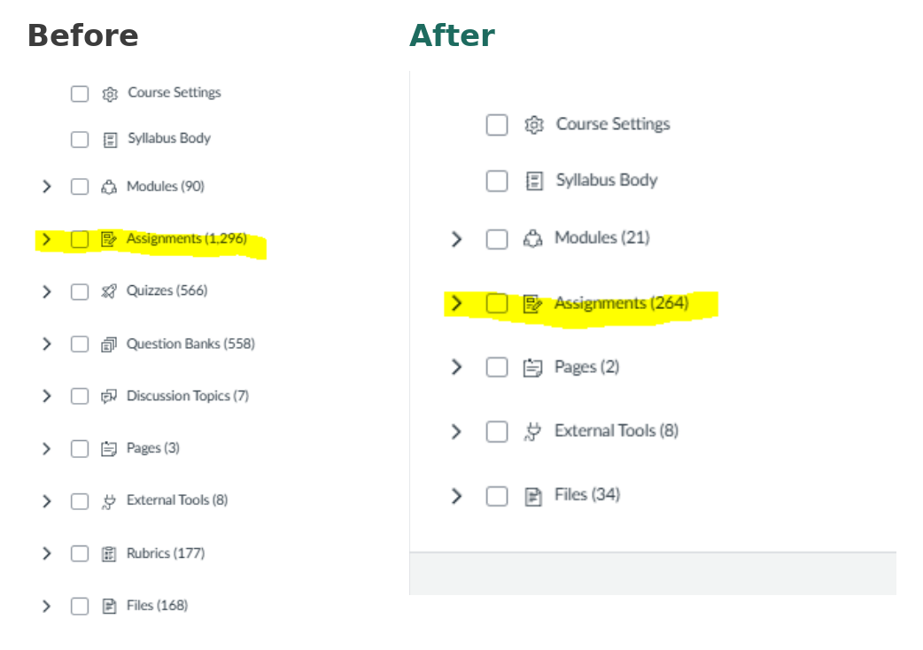 Canvas course structure before and after the redesign