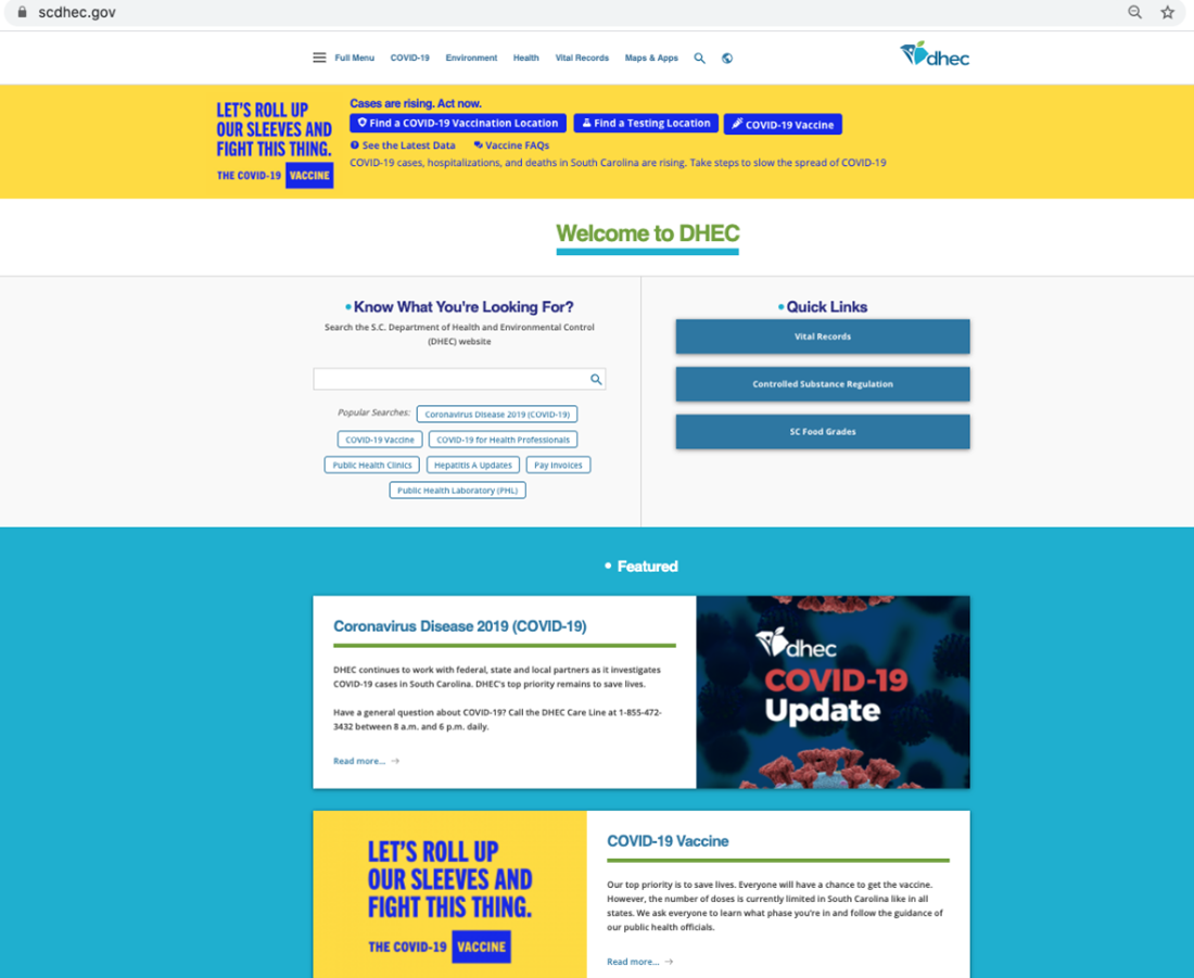 The SCDHEC homepage as it appeared in January 2021, dominated by Covid-19 banners, a "Know What You're Looking For" search box and a Quick Links panel